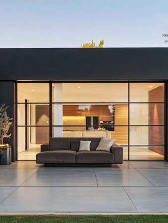 A sleek, modern home showcases large glass walls that connect the outdoors to the interior.の素材
