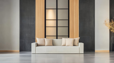A stylish lounge showcases a minimalist sofa adorned with soft pillows, placed against a modern backdrop of wooden accents and a large window, creating an inviting atmosphere.の素材