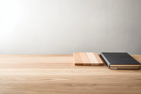 A minimalist wooden desk featuring a neatly placed black notebook next to a unique cutting board. The calming setting highlights a clean and organized workspace.の素材