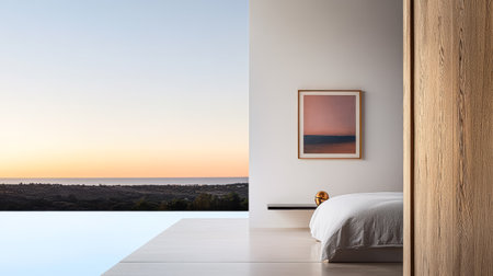 A cozy bedroom features a minimalist design with a bed and artwork visible. The large window offers a stunning sunset view over the ocean creating a peaceful atmosphere.の素材