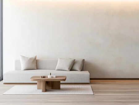 A cozy living room features a light gray sofa adorned with two beige cushions complemented by a wooden coffee table. The space exudes calmness with natural light flowing in.の素材