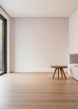 This airy living room features a light wooden floor a cozy white couch and a small round wooden table. Large windows allow ample natural light into the space enhancing its minimalist charm.の素材