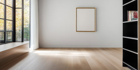 This setting features a spacious minimalist room with large windows allowing natural light. A blank wall provides an opportunity for artistic expression enhancing the tranquility of the space.の素材