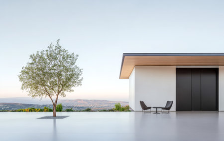 A contemporary house features sleek design large doors and minimalist seating near a vibrant tree offering stunning views of the landscape during sunset.の素材