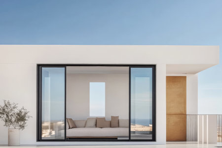 A beautifully designed modern balcony features large sliding glass doors leading into a minimalist living area overlooking the ocean. Soft daylight fills the space enhancing the serene atmosphere.の素材