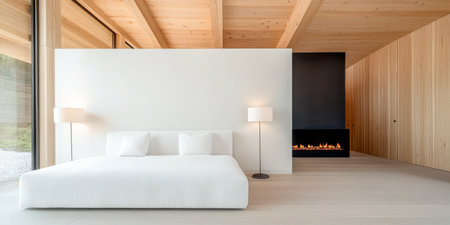 The spacious bedroom features a minimalist design with a white bed bedside lamps and a sleek fireplace. Large windows allow sunlight to illuminate the serene space creating a warm atmosphere.の素材
