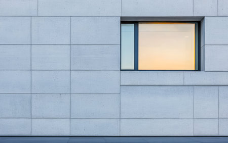 A sleek concrete wall with rectangular panels showcases a single window. The window reflects the warm hues of sunset against the backdrop of a contemporary urban environment.の素材