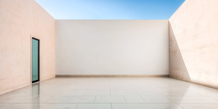 A spacious blank area featuring smooth white walls and a polished floor. A large window invites natural light creating an airy atmosphere under a clear blue sky.の素材