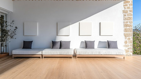 A spacious lounge area features clean white walls and soft seating with gray pillows inviting relaxation in bright natural light at an elegant location.の素材