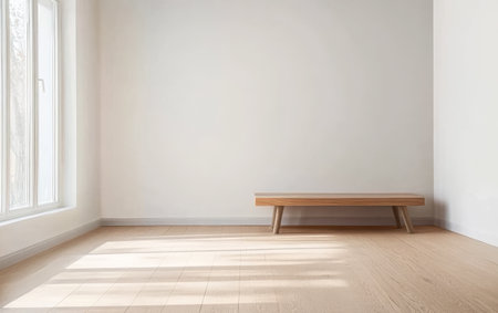 A spacious room features a light wooden floor and plain white walls illuminated by sunlight streaming through a large window. A simple wooden bench is placed against the wall.の素材
