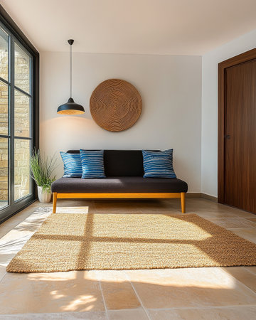 A cozy living room features a sleek black sofa with blue striped cushions a round wall dcor and natural light from large windows creating a welcoming atmosphere.の素材