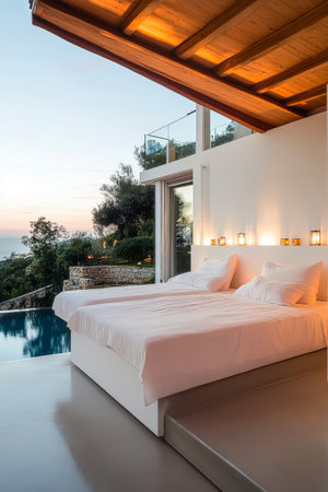 A spacious bedroom equipped with a large bed overlooks a tranquil pool and lush greenery during sunset creating a peaceful atmosphere for relaxation and rejuvenation.の素材