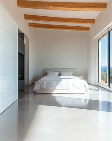 A spacious bedroom featuring a large bed wooden ceiling beams and expansive windows that showcase a serene view of the outdoors. The interior emphasizes simplicity and natural light.の素材