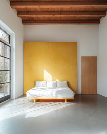 A spacious bedroom features a simple bed with white linens against a vibrant yellow wall. Bright sunlight streams through large windows highlighting the minimalist decor and wooden beams.の素材