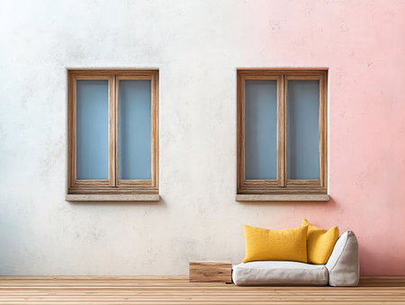 A cozy sofa with yellow cushions is positioned against a pastel wall featuring two wooden-framed windows. The warm and inviting atmosphere highlights minimalistic design elements.の素材