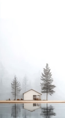 A white cabin stands quietly amidst tall trees shrouded in fog. The calm lake reflects the tranquil scenery creating a picturesque and peaceful atmosphere in the early morning.の素材