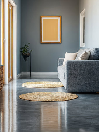 A well-lit living room showcases a gray sofa with cushions round rugs on polished flooring and a plant beside a window creating a welcoming and stylish atmosphere.の素材