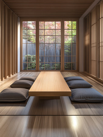 A peaceful Japanese-style room features a wooden table surrounded by floor cushions with large windows showcasing a tranquil garden filled with greenery and colorful foliage.の素材