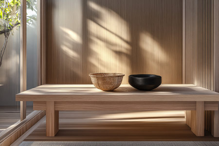 A wooden table showcases a light woven bowl beside a dark ceramic bowl in a modern minimalist space filled with natural light. The tranquility of the setting enhances the serene atmosphere.の素材