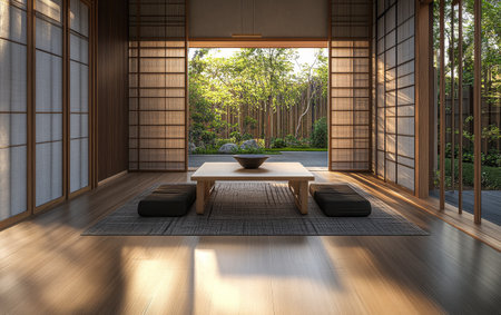 A serene living room features a simple wooden table and floor cushions with large windows showcasing a lush garden outside. Natural light floods the space creating a calming atmosphere.の素材