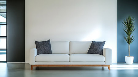 A spacious living room featuring a stylish white sofa with gray pillows. A tall potted plant stands nearby enhancing the minimalist aesthetic and brightening the space with natural light.の素材
