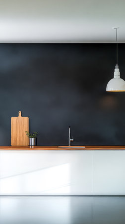 A stylish modern kitchen featuring a wooden countertop against a dark wall. The space showcases a sleek faucet and a hanging light emphasizing minimalism and brightness during the day.の素材