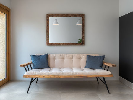 A stylish minimalist living room features a beige couch with blue pillows in front of a large mirror. Natural light enters through the window brightening the space and creating a serene atmosphere.の素材