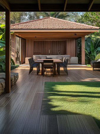 A modern outdoor dining space features a wooden table surrounded by black chairs. Lush greenery frames the area creating a serene atmosphere for gatherings in a beautiful tropical garden.の素材