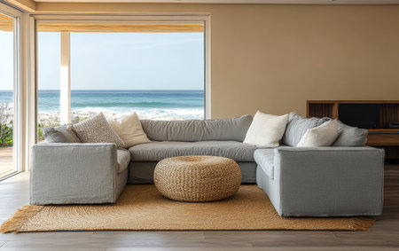 A comfortable sectional sofa is arranged around a woven coffee table creating a relaxing atmosphere. Large windows let in natural light showcasing a beautiful view of the ocean and beach.の素材