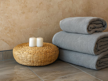 Freshly laundered gray towels are neatly stacked next to a woven basket holding two white candles creating a serene and calming atmosphere in a spa-like setting.の素材