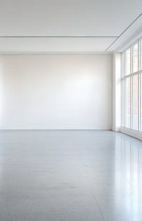 A large well-lit room featuring polished white floors and expansive windows. The bright atmosphere emphasizes the minimalist design creating a serene and open space for various activities.の素材