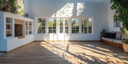 Bright and airy living room featuring large windows that invite natural light. The space is accented by indoor plants and a cozy seating area creating a calming atmosphere.の素材