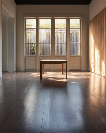 Sunlight streams through large windows into a minimalist room featuring a wooden table. The warm glow highlights the clean lines and simple decor creating a serene atmosphere for relaxation.の素材
