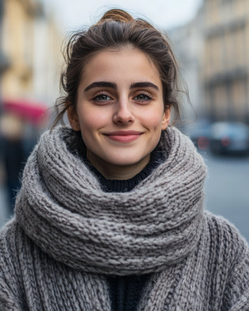 A young woman with a bright smile stands on a bustling city street. She wears a warm thick scarf and a comfortable sweater surrounded by a vibrant urban backdrop filled with people and vehicles.の素材