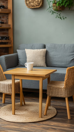 A comfortable seating area features a blue couch a small wooden table and two woven chairs. A white mug sits on the table perfect for enjoying a warm drink in a relaxing atmosphere.の素材