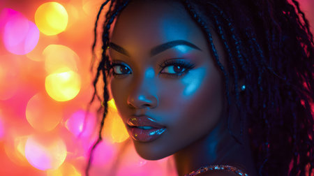 A close-up of an individual showcasing beautiful braided hair illuminated by colorful soft light. The vibrant backdrop creates an ethereal atmosphere highlighting their radiant skin.の素材