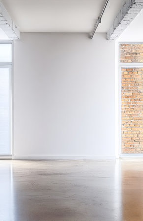 Bright open space featuring a seamless white wall and a striking exposed brick wall. Large windows allow abundant natural light to fill the room creating a warm atmosphere.の素材