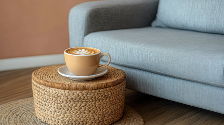 A beautifully crafted coffee cup sits on a round woven table beside a soft gray sofa. The warm tones of the interior create a relaxed atmosphere perfect for enjoying a drink.の素材