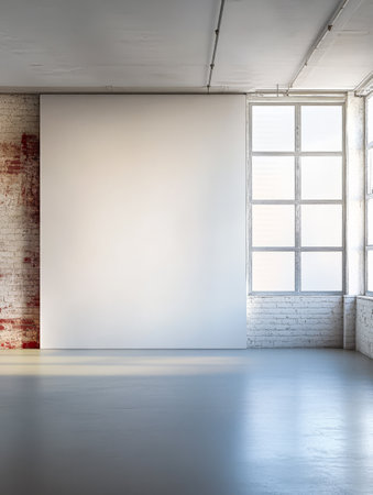 An airy studio features a large empty white wall and expansive windows letting in natural light creating an inviting workspace for artistic endeavors.の素材