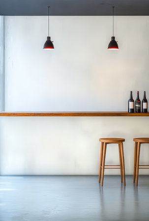 A minimalist bar interior features two wooden stools and a long wooden counter. Above pendant lights illuminate wine bottles displayed on the shelf creating a calm atmosphere.の素材