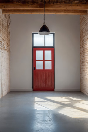 A minimalist interior showcases a vibrant red door against a light gray wall. Natural light streams in illuminating the concrete floor creating a warm and inviting ambiance.の素材