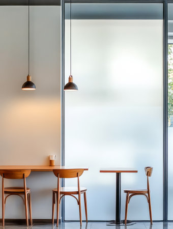 A modern cafe features wooden tables and chairs illuminated by pendant lights creating a cozy atmosphere. Large windows allow natural light to brighten the space.の素材