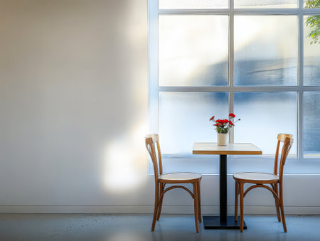 A small wooden table with two chairs is set up by a large window. A vase with fresh flowers sits in the center creating a warm and inviting atmosphere for patrons.の素材