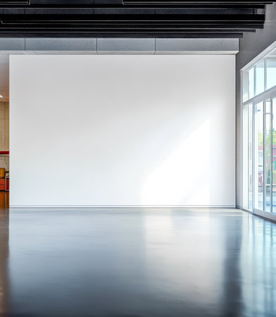 A spacious minimalistic gallery features a large white wall and polished concrete floor. Sunlight streams through expansive windows creating a bright environment perfect for art displays.の素材
