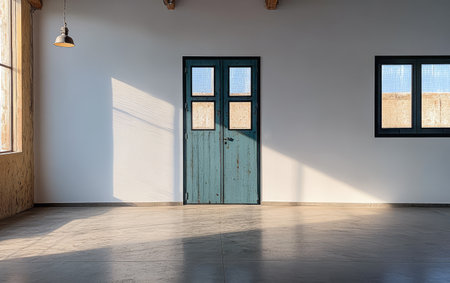 A spacious room with smooth concrete floor and large windows allowing natural light to illuminate. A blue door contrasts with the white walls creating a serene atmosphere.の素材