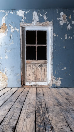 A neglected wooden door featuring peeling paint stands against a textured blue wall creating a rustic ambiance. The floorboards are worn and add to the vintage character of the setting.の素材