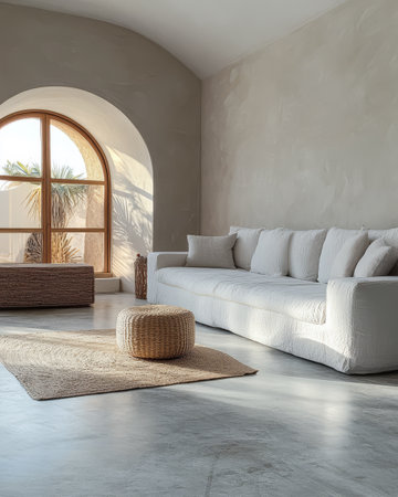 This living room features a spacious layout with a white sofa woven ottoman and natural fiber rug. Sunlight streams through a large arched window illuminating the neutral tones.の素材