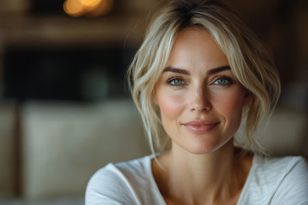 A woman with beautiful blonde hair and blue eyes is smiling gently while sitting in a cozy indoor location. Soft light highlights her features creating a warm and inviting atmosphere.の素材
