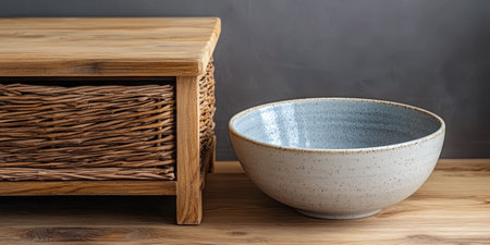 A wooden storage unit features a woven basket drawer next to a beautiful ceramic bowl with a speckled glaze. The rustic ambiance is enhanced by a natural wood surface.の素材