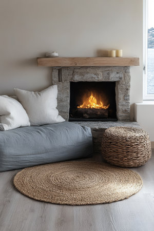 A serene living space featuring a warm fireplace a comfortable couch with pillows and natural woven decor. This setting invites relaxation with its calm ambiance and rustic charm.の素材